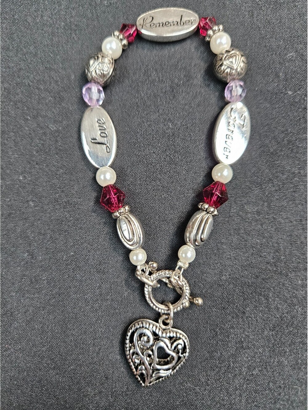 Silver-tone beaded toggle charm bracelet engraved: Love, Forever and Remember